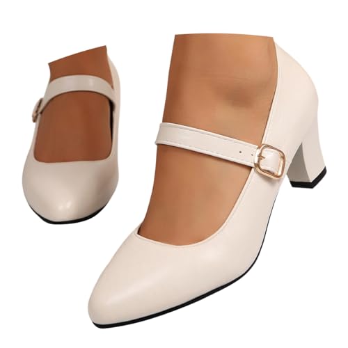 ticticlily Pumps Damen mit Blockabsatz High Heels Trachtenschuhe Brautschuhe PU Mary Jane Schuhe Elegant Arbeitsschuhe A Beige 41 EU von ticticlily