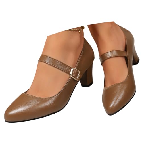 ticticlily Pumps Damen mit Blockabsatz High Heels Trachtenschuhe Brautschuhe PU Mary Jane Schuhe Elegant Arbeitsschuhe A Braun 38 EU von ticticlily