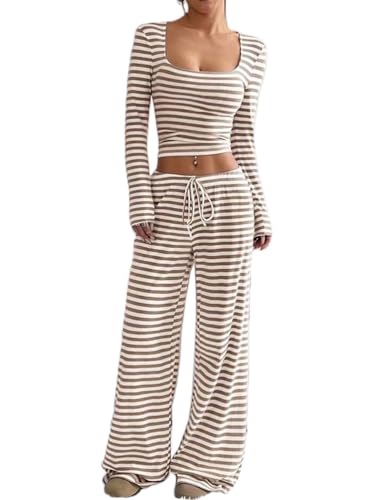 ticticlily Pyjama Schlafanzug Damen Lang Streifen Zweiteiler Set Crop Top Eng Langarm und Jogginghose Weite Bein Freizeithose mit Tunnelzug Hausanzug Loungewear A Khaki XL von ticticlily