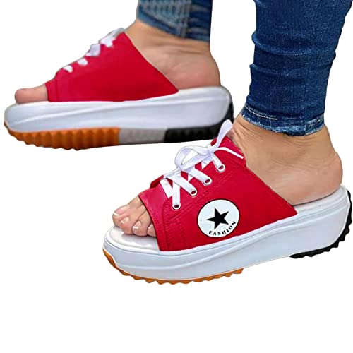 ticticlily Sandalen Damen Canvas Sommer Plateau Keilabsatz Canvas Freizeit Sandalen Hausschuhe Platform Canvas Schuhe für Frauen Mode Trainer A Rot 38 EU von ticticlily