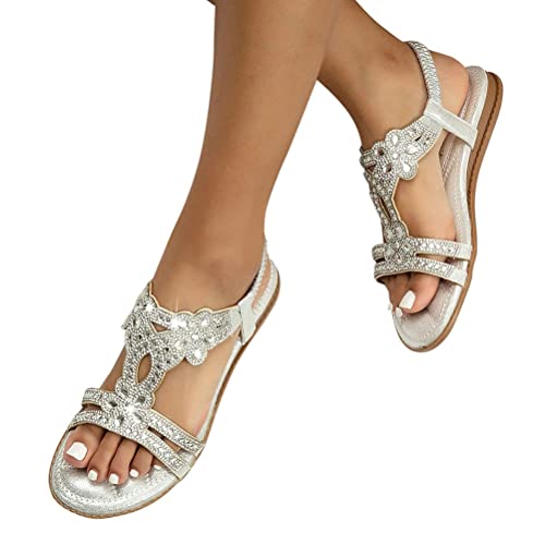 ticticlily Sandalen Damen Flach Sandalen mit Strass Glitzer Boho Sandalen Zehentrenner Freizeit Sommer Strandschuhe G Silber 35 EU von ticticlily