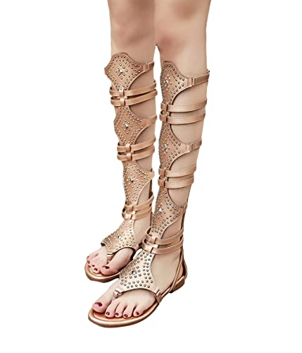 ticticlily Sandalen Damen Gladiator Römisch Sandalen Nieten Knie Hohe Stiefel Peep Toe Sandalen Schnürschuhe Elegant Kniehohe Freizeitsandalen Sommer Strand Sandals A Gold 37 EU von ticticlily