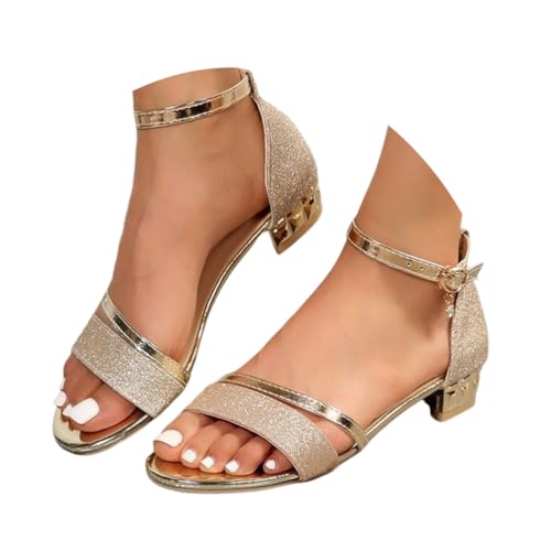 ticticlily Sandalen Damen Klassische Sandaletten mit Blockabsatz Glitzer Strass Sommer A Gold 43 EU von ticticlily