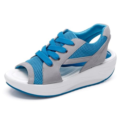 ticticlily Sandalen Damen Netz Atmungsaktiv Sandalen Keilabsatz Turnschuhe Laufschuhe Offene Zehen Sneakers Freizeit Sport Sandaletten A Blau 39 EU von ticticlily