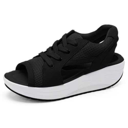 ticticlily Sandalen Damen Netz Atmungsaktiv Sandalen Keilabsatz Turnschuhe Laufschuhe Offene Zehen Sneakers Freizeit Sport Sandaletten A Schwarz 38 EU von ticticlily
