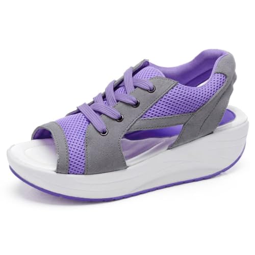 ticticlily Sandalen Damen Netz Atmungsaktiv Sandalen Keilabsatz Turnschuhe Laufschuhe Offene Zehen Sneakers Freizeit Sport Sandaletten A Violett 39 EU von ticticlily