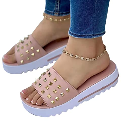 ticticlily Sandalen Damen Pantoletten Plateau Sommer Strand Frauen Offener Zeh Niet Hausschuhe Römer Flache Bequeme Sandalen A Rosa 40 EU von ticticlily