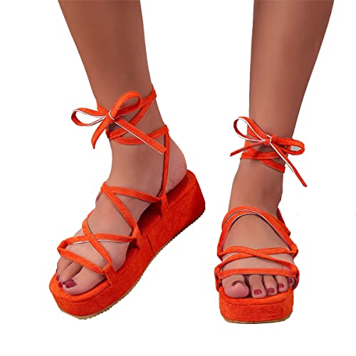 ticticlily Sandalen Damen Plateau Keilsandalen Frauen Sandaletten Keilabsatz Sommerschuhe Platform Knöchelriemen Sandalen Y Orange 40 EU von ticticlily