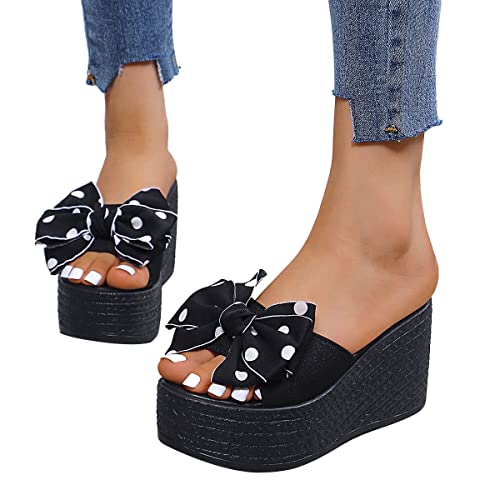 ticticlily Sandalen Damen Plateau Pantoletten mit Schleife Weiche Leder Hausschuhe Keilabsatz Sandalen Sommer Peeptoe Sandalen A Schwarz 38 EU von ticticlily