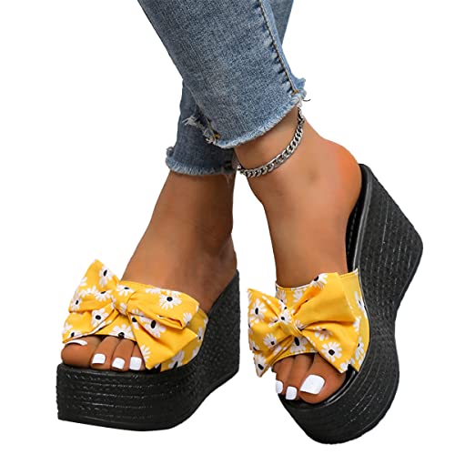 ticticlily Sandalen Damen Sommer Casual Wedge Peep Toe High Heel Plattform Pantoletten Keilabsatz Slipper Sandalen Hausschuhe Sandalen mit Schleife B Gelb 40 EU von ticticlily