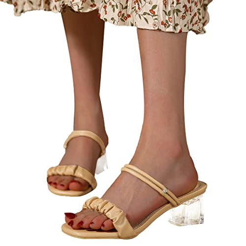 ticticlily Sandalen Damen Sommer Elegant Strasssteine Blockabsatz Pantoletten High Heels mit Eckiger Zehenpartie Sandaletten Strandsandalen C Khaki 36 EU von ticticlily