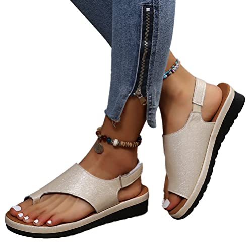 ticticlily Sandalen Damen Sommer Flach Sandaletten Leicht Bequem Freizeit Sandalen Elegante Strand Schuhe Flip Flop Zehentrenn Hallux A Gold 39 EU von ticticlily