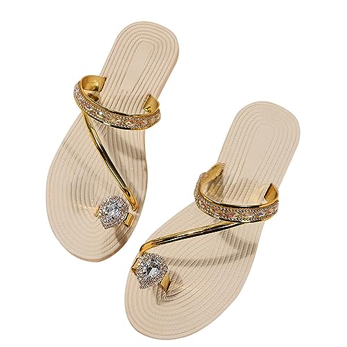 ticticlily Sandalen Damen Sommer Flip Flops Flach Zehentrenner Pantoletten mit Strass Anti Rutsch Strandsandalen F Gold 35 EU von ticticlily