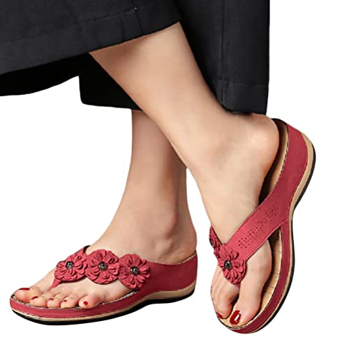 ticticlily Sandalen Damen Sommer Pantoletten Orthopädische Sandalen Plateau Keilabsatz Schuhe Elegant Blumen Sandaletten Casual Slippers Slingback Open Toe Sommerschuhe B Rot 38 EU von ticticlily