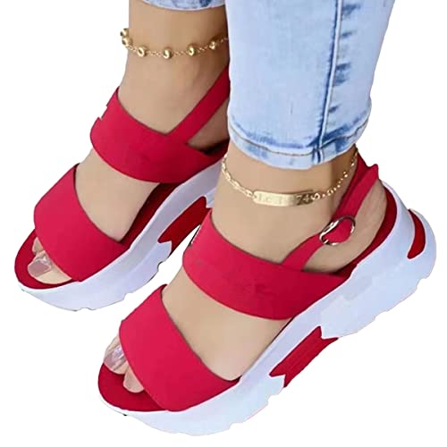 ticticlily Sandalen Damen Sommer Plateau Wedges Sandalen Casual Sandalen Keilabsatz Schnalle Sommerschuhe Strand Sportliche Sandaletten D Rot 40 EU von ticticlily