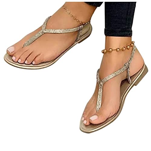 ticticlily Sandalen Damen Sommer Römische Flach Sandaletten Leicht Bequem Freizeit Sandalen Elegante Strand Schuhe Flip Flop B Gold 39 EU von ticticlily
