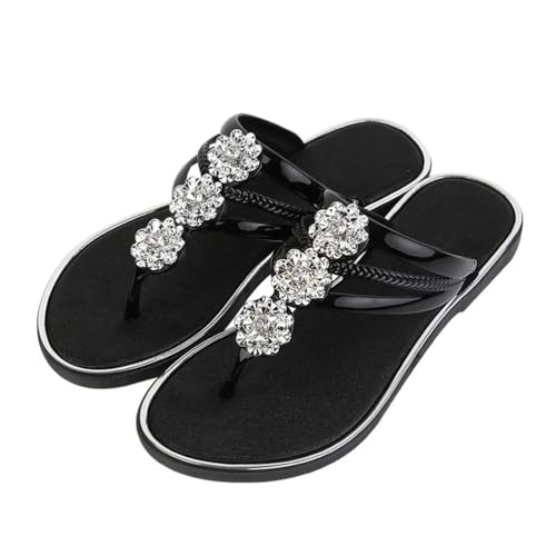ticticlily Sandalen Damen Strand Hausschuhe Freizeit Flip Flops Boho Sommerschuhe Flach Zehentrenner mit Strass H Schwarz 38 EU von ticticlily
