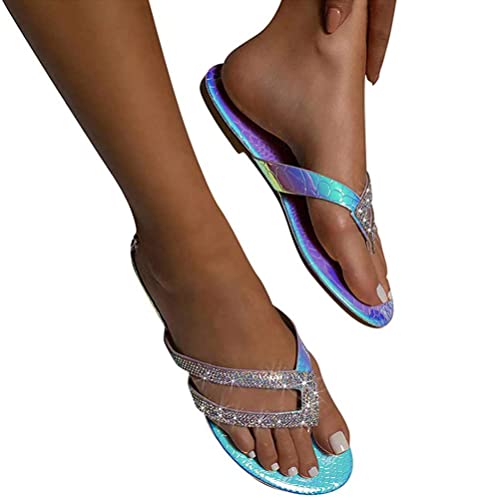 ticticlily Sandalen Damen Strass Glitter Flache Hausschuhe Slip auf Sandalen Strand Sommer Flip Flops Damen Zehentrenner Römische Schuhe B Blau 42 EU von ticticlily