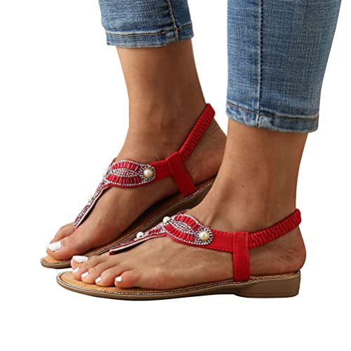 ticticlily Sandalen Damen Strass T-Riemen Frauen Flache Sandalen Weichen Sohlen Sommerschuhe Gummiband Slingback Sandalen Strandschuhe B Rot 40 EU von ticticlily