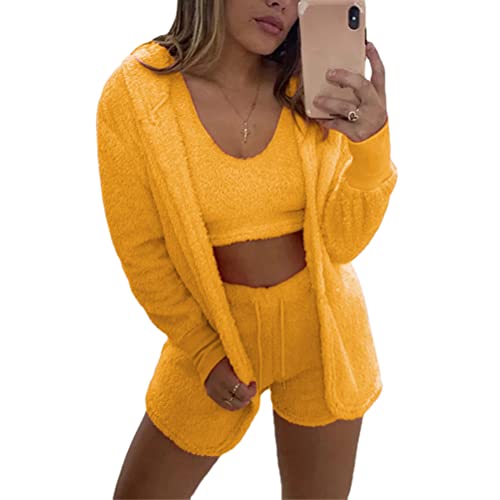 ticticlily Schlafanzug Damen 3 teiliges Set Freizeitanzug Crop Tops Cardigan Shorts Loungerwear Einfarbig Streetwear Causal Elegant Chic Outfit Activewear D Gelb 3XL von ticticlily