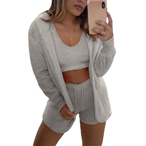 ticticlily Schlafanzug Damen 3 teiliges Set Freizeitanzug Crop Tops Cardigan Shorts Loungerwear Einfarbig Streetwear Causal Elegant Chic Outfit Activewear D Grau L von ticticlily