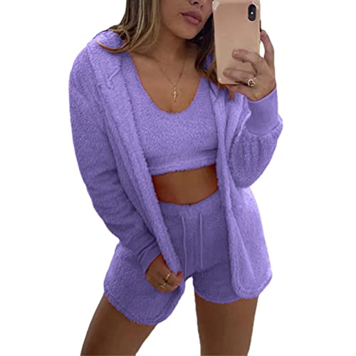 ticticlily Schlafanzug Damen Hausanzug 3-teiliges Tops Cardigan und Hosen Shorts Pyjamas Freizeitanzug Hosenanzug Activewear Outfit Yoga Fitness für Damen Frühling D Violett S von ticticlily