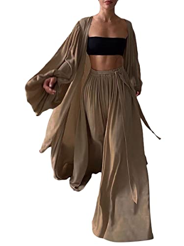 ticticlily Schlafanzug Damen Lang Hausanzug Chic Elegant 3-teiliges Lange Blusen und Crop Tops und Hosen Freizeitanzug Set Streetwear Outfit Mode Outwear für Damen Frühling Sommer Khaki 3XL von ticticlily