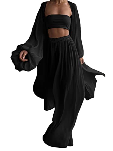 ticticlily Schlafanzug Damen Lang Hausanzug Chic Elegant 3-teiliges Lange Blusen und Crop Tops und Hosen Freizeitanzug Set Streetwear Outfit Mode Outwear für Damen Frühling Sommer Schwarz L von ticticlily