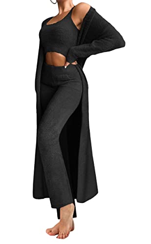 ticticlily Schlafanzug Damen Strickanzug 3 teiliges Set Freizeitanzug Jogginganzug Gestrickt Crop Tops Blusen Hose Loungerwear Einfarbig Streetwear Causal Elegant Chic Outfit Activewear Schwarz L von ticticlily