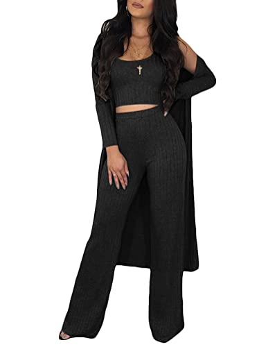 ticticlily Schlafanzug Damen Strickanzug 3 teiliges Set Freizeitanzug Jogginganzug Gestrickt Crop Tops Blusen Hosen Loungerwear Einfarbig Streetwear Causal Elegant Chic Outfit Activewear B Schwarz L von ticticlily