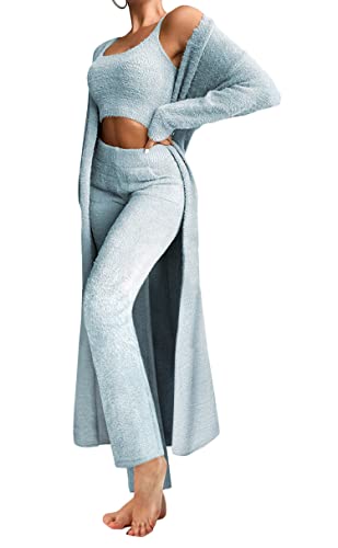 ticticlily Schlafanzug Damen Strickanzug 3 teiliges Set Freizeitanzug Jogginganzug Gestrickt Crop Tops Blusen Hosen Loungerwear Einfarbig Streetwear Causal Elegant Chic Outfit Activewear Blau M von ticticlily