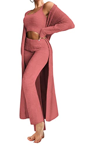 ticticlily Schlafanzug Damen Strickanzug 3 teiliges Set Freizeitanzug Jogginganzug Gestrickt Crop Tops Blusen Hosen Loungerwear Einfarbig Streetwear Causal Elegant Chic Outfit Activewear Rosa S von ticticlily