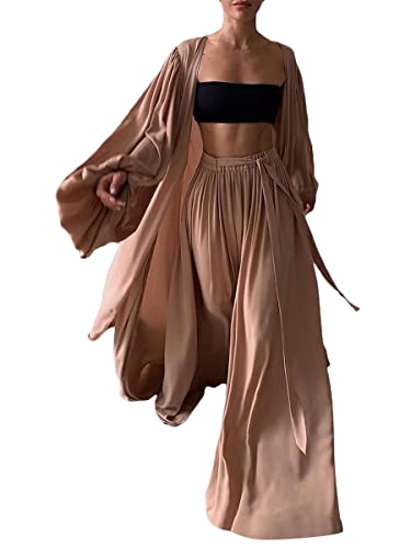 ticticlily Schlafanzug Damen Traingsanzug 3 teiliges Set Lang Blusen und Tops und Hose Hausanzug Chic Elegant Freizeitanzug Outfit Kuschelanzug Mode Outwear für Damen Frühling Kaffee S von ticticlily