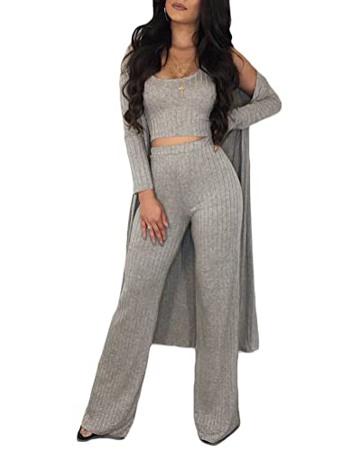 ticticlily Schlafanzug Damen Winter Hausanzug Strick Crop Tops und Lange Hosen und Blusen 3 Stücke Freizeitanzug Grobstrick Traingsanzug Streetwear Mode Outfit Jogginganzug B Grau M von ticticlily