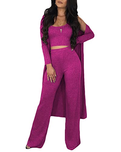 ticticlily Schlafanzug Damen Winter Hausanzug Strick Crop Tops und Lange Hosen und Blusen 3 Stücke Freizeitanzug Grobstrick Traingsanzug Streetwear Mode Outfit Jogginganzug B Violett M von ticticlily