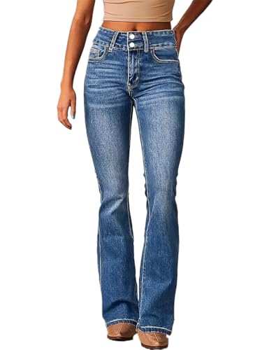 ticticlily Schlaghose Damen Jeans High Waist Flared Slim Fit Gewaschene Bootcut Denim Hosen Flarecut Stretch Casual Ausgestellte Jeanshosen A Blau L von ticticlily