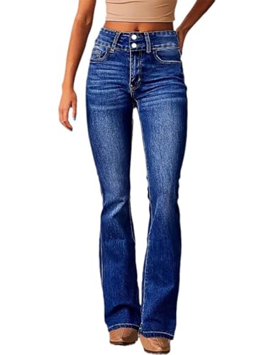 ticticlily Schlaghose Damen Jeans High Waist Flared Slim Fit Gewaschene Bootcut Denim Hosen Flarecut Stretch Casual Ausgestellte Jeanshosen A Dunkelblau XS von ticticlily