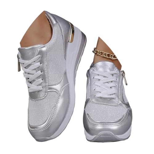 ticticlily Schuhe Damen Sneaker Plateau Sneaker Freizeit Schuhe mit Reißverschluss A Silber 39 EU von ticticlily