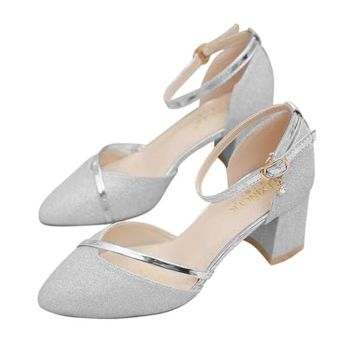 ticticlily Schuhe Damen mit Blockabsatz Glitzer Spangenpumps Elegant Silber Tanzschuhe Stöckelschuhe Bequem Hochzeitsschuhe Brautschuhe Vorne Geschlossen High Heels B Silber 38 EU von ticticlily