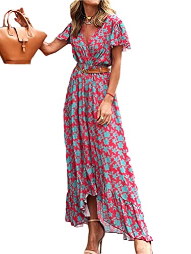 ticticlily Sexy Elegant Kleider Damen Sommerkleid Lange Maxikleid Boho Kurzarm Ärmellos Abendkleider A Linien Kleid Freizeitkleider Blumendruck Spitze Kleider Sommer Frühling Strandkleid H Rot XL von ticticlily