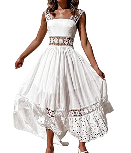 ticticlily Sexy Elegant Kleider Damen Sommerkleid Lange Maxikleid Boho Kurzarm Ärmellos Abendkleider A Linien Kleid Freizeitkleider Blumendruck Spitze Kleider Sommer Frühling Strandkleider Weiß L von ticticlily