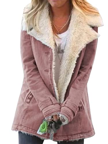 ticticlily Sherpa Jacke Damen Warm Winter Kurz Winterjacke mit Knopf Einfarbig Steppjacke Verdicken Kunstfell Teddy Fell Mantel Freizeit Revers Jacken Große Größen für Frauen Rosa XL von ticticlily