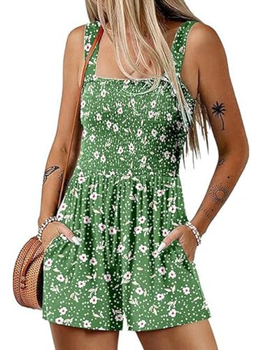ticticlily Short Damen Sommer Jumpsuit Ärmellos mit Träger Einteiler Overall Kurze Stretch Trägerhose mit Taschen Romper mit Taschen Playsuit Blumendrucken A5 M von ticticlily