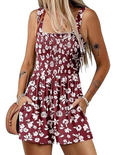 ticticlily Short Damen Sommer Jumpsuit Ärmellos mit Träger Einteiler Overall Kurze Stretch Trägerhose mit Taschen Romper mit Taschen Playsuit Blumendrucken A9 M von ticticlily