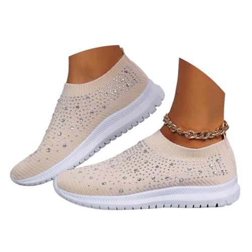 ticticlily Slip on Sneakers Damen Laufschuhe mit Strass Mesh Leichte Atmungsaktiv Glitzer Schuhe A Beige 42 EU von ticticlily