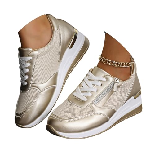 ticticlily Sneaker Damen Keilabsatz Sportschuhe mit Reißverschluss Leichte Plateau Freizeit Schuhe A Gold 37 EU von ticticlily