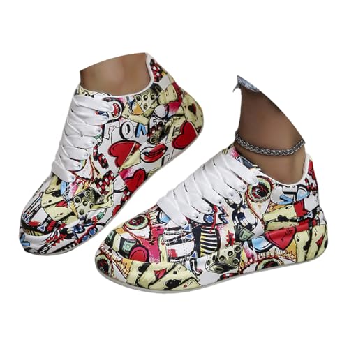 ticticlily Sneaker Damen Schnürsenkel Bunte Graffiti Freizeitschuhe rutschfeste Komfortabel Leicht Straßenlaufschuhe A Rot 38 EU von ticticlily