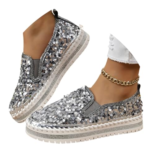 ticticlily Sneakers Damen Low Top Sommerschuhe Glitzer Pailletten Slip on Loafers Walkingschuhe Slipper O Silber 42 EU von ticticlily