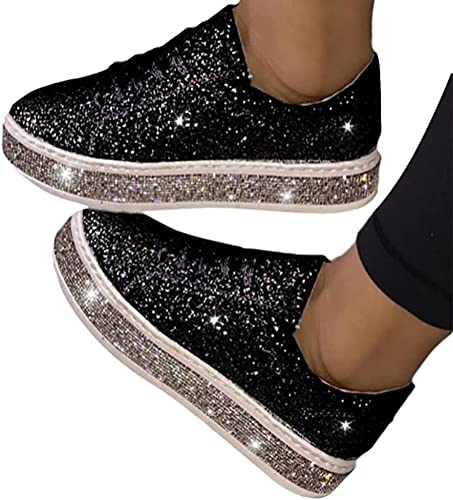 ticticlily Sneakers Damen Pailletten Flache Low Sneaker Atmungsaktiv Strass Glitzer Turnschuhe Outdoor Sportschuhe Laufschuhe B Schwarz 37 EU von ticticlily