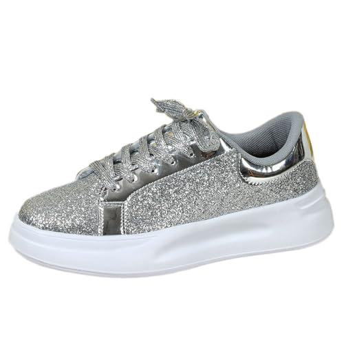 ticticlily Sneakers Damen Pailletten Flache Low Strass Sneaker Atmungsaktiv Glitzer Loafers Turnschuhe Outdoor Freizeitschuhe Laufschuhe Schuhe Slip On Walkingschuhe Slipper H Silber 40 EU von ticticlily